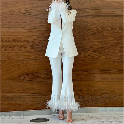 Exquisite Feathers Women's Suits Customized Hot Sale Chic Single Button Solid Color Outfit Two Pieces Party Elegant Suit Set