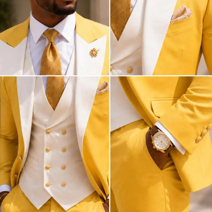 Men Suit Yellow 3 Pieces White Vest With Lapel For Wedding Birthday Banquet Prom Party Business Work Office Jacket Vest Pants