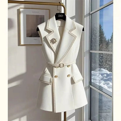 White Sleeveless Jacket with Belt Summer Cotton Suit Vest British Notched Double-breasted Office Lady Formal Elegant Waistcoat