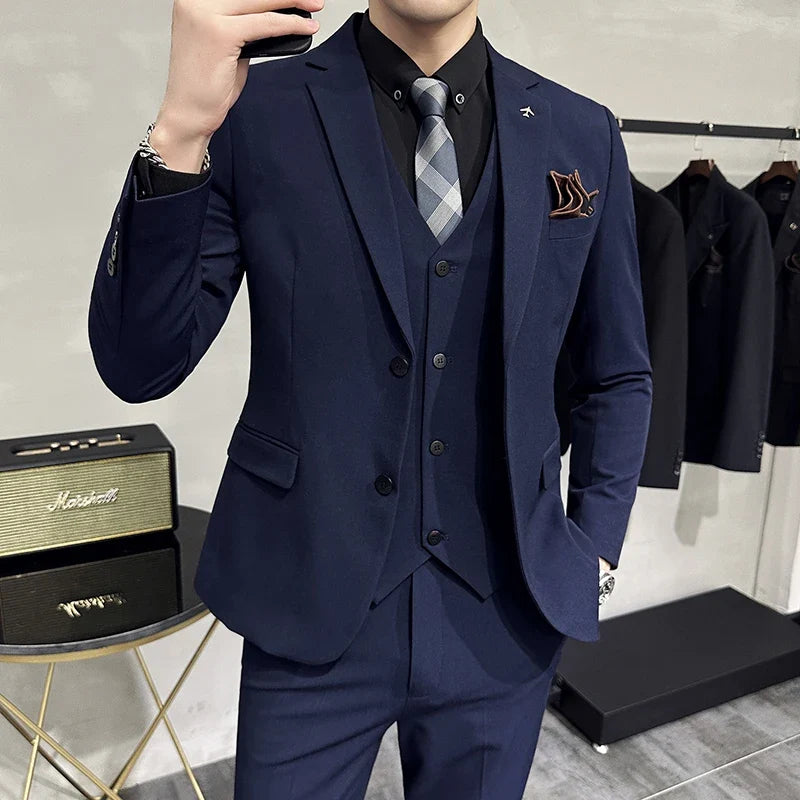Men's Slim Fit 3-Piece Suit – Solid Color, Smart Casual & Wedding