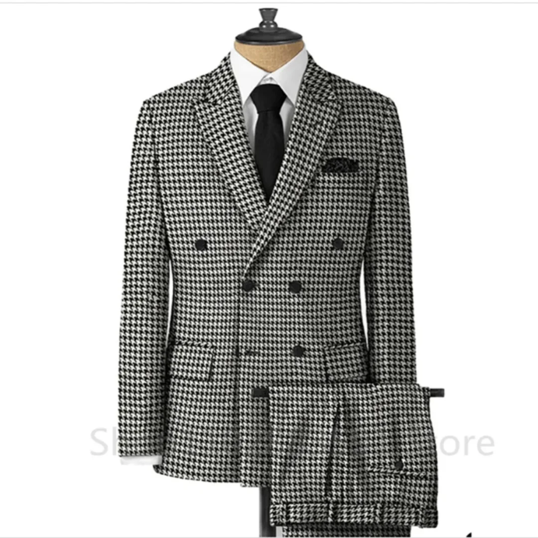 2 Piece Plaid Men Suits for Wedding/Business Slim Fit Houndstooth Checkered Groom Tuxedos Male Fashion Clothes Jacket with Pants