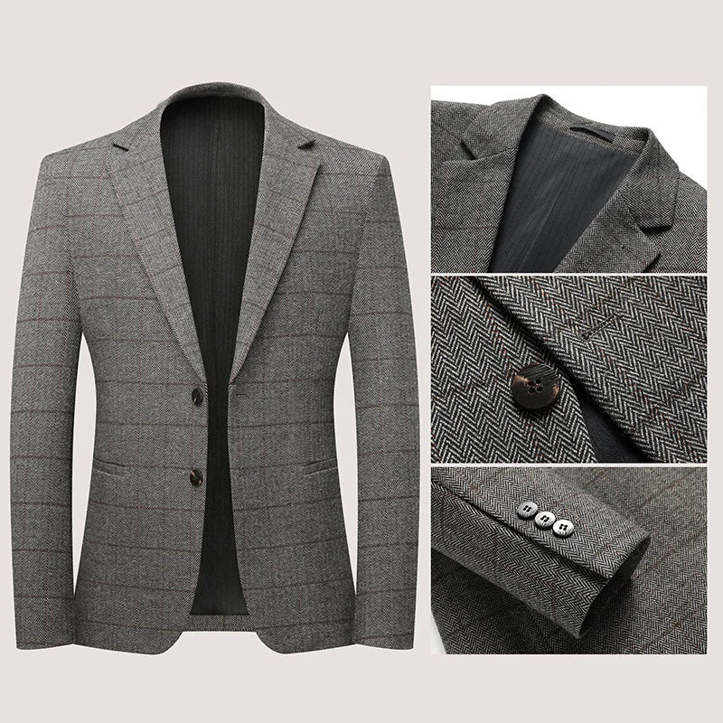 KIDWHXR Spring Autumn Men Suit Coat Retro Plaid Business Casual Male Blazer Non-ironing Single-breasted Versatile Man Outerwear