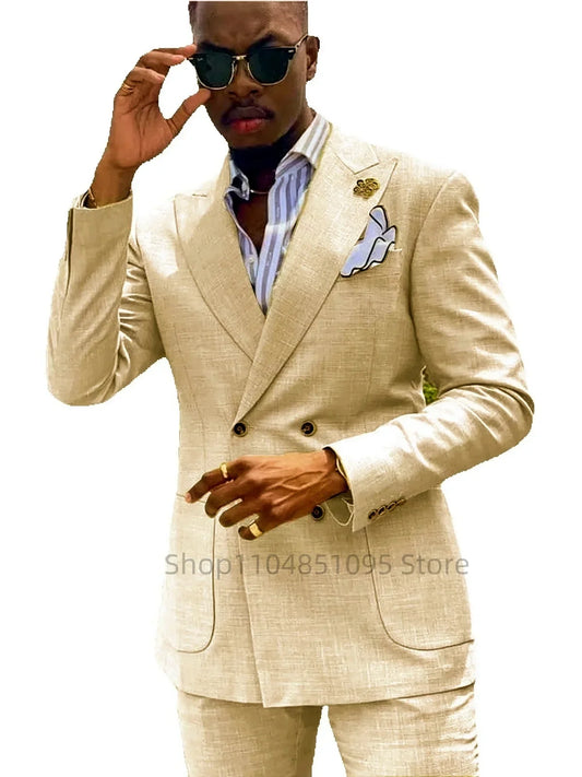 Men's Light Blue/Beige Slim Fit Linen Blazer Peak Lapel Double Breasted 2 Piece Wedding Groom Tuxedo Casual Summer Prom Suits