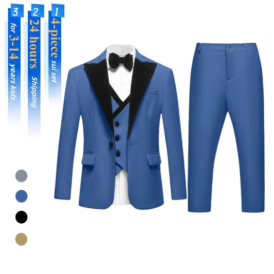 Boys 4-Piece Formal Tuxedo Suit Set – Velvet Peak Lapel for Weddings & Graduations