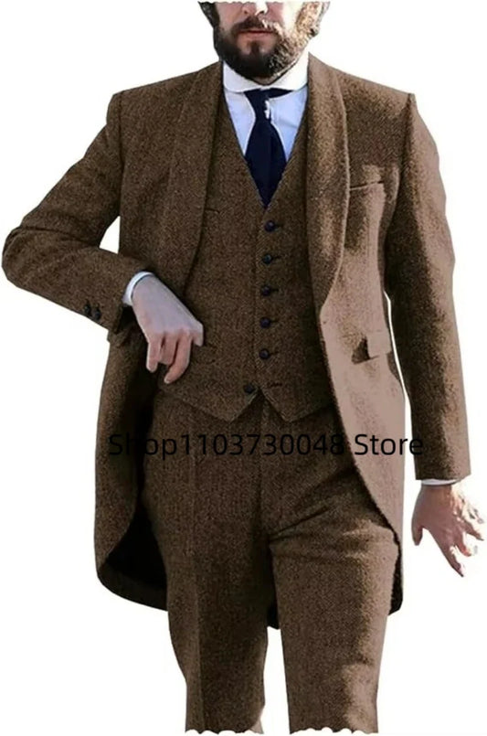 Formal Mens Retro 3 Pieces Tweed Herringbone Suit Formal Slim Fit Tailcoat Blazer Vest Pants for Wedding Grooms Prom Party