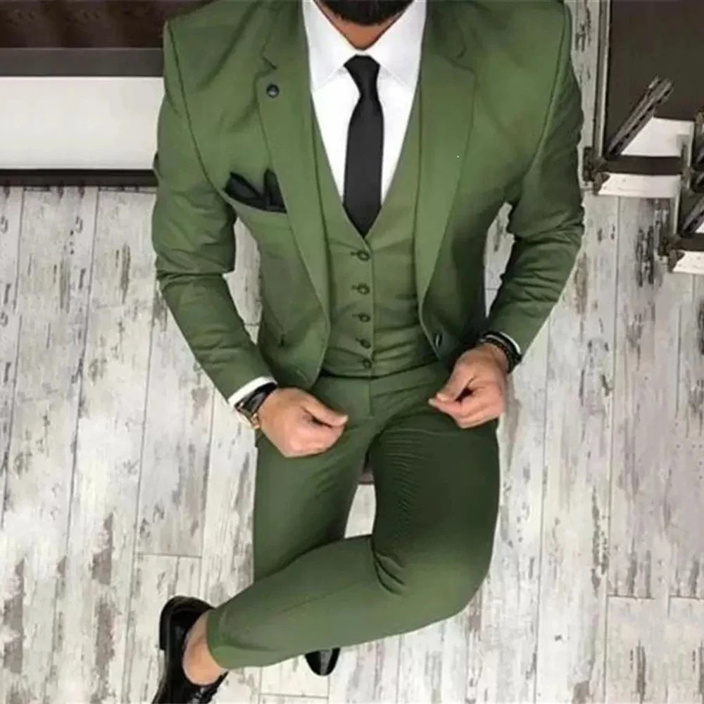 Men Suit One Button Groomsmen Notched Lapel Groom Tuxedos Suit Slim Fit 3 Piece (Blazer+Vest+Pants) Costume Homme