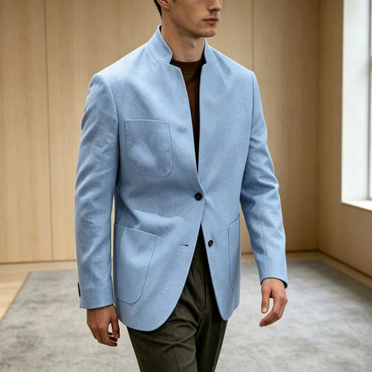Men's Linen Blazer – Stand Collar Slim Fit Jacket for Business, Casual & Wedding