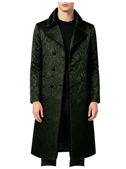 Men Luxury Jacquard Long Trench Coat Lapel Formal Overcoat Outerwear For Wedding Prom Banquet Club Evening Business Stage Party