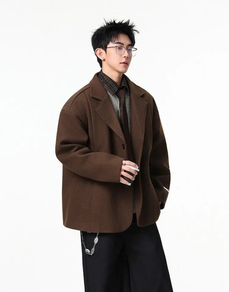 Men's British Style Brown Wool Blend Blazer Korean Loose Lapel Chic Autumn Fashion Suit Jacket