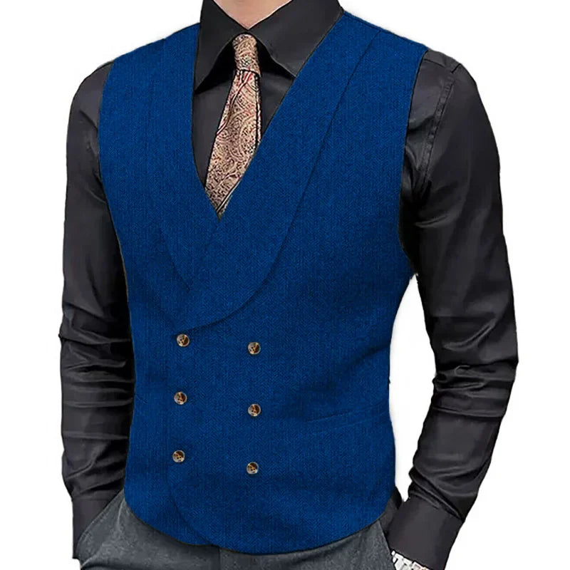 Men's Herringbone Double-Breasted Vest with Lapel – Brown Suit Waistcoat for Wedding & Formal Occasions