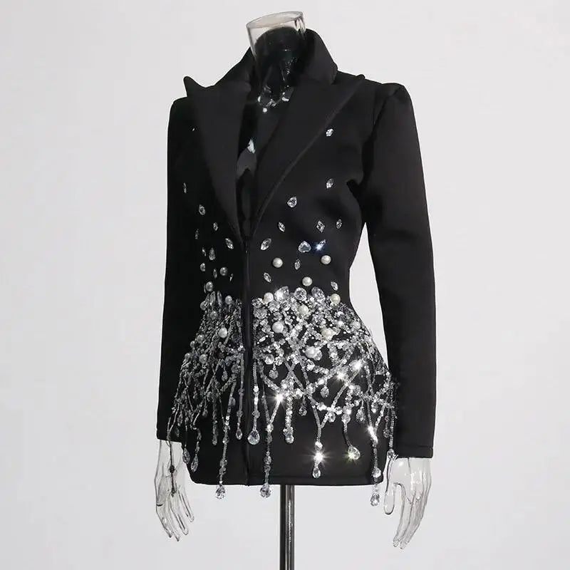 Sexy Socialite Style Blazer Dress 2025 Spring Autumn New Women's Turn-Down Collar Long Sleeve Sequin Diamond Jacket  HK8313