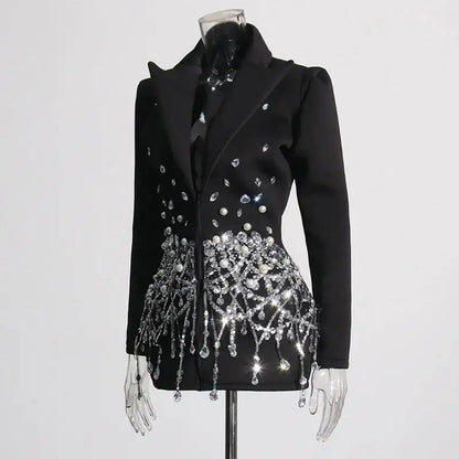 Sexy Socialite Style Blazer Dress 2025 Spring Autumn New Women's Turn-Down Collar Long Sleeve Sequin Diamond Jacket  HK8313