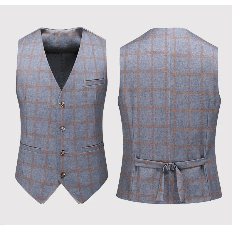 Men's Suit Set – Blazer, Vest & Trousers – British Grid Smart Casual for Business & Weddings