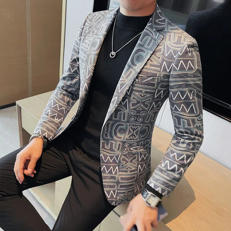 Brand Luxury Suit Jacket for Men 2023 Autumn Printed Casual Busines Blazer Masculino Slim Fit Wedding Groom Social Dress Coat
