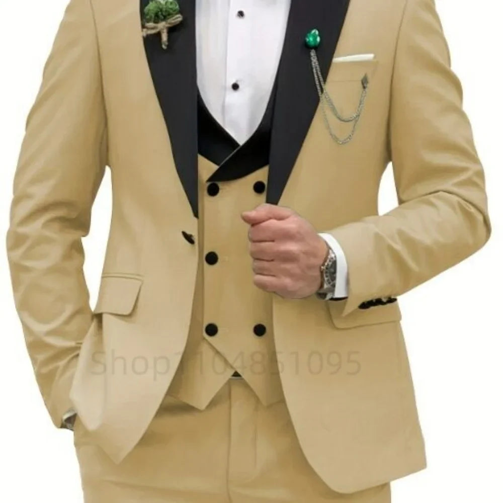 Costume 3 pièces homme – Tuxedo de marié, costumes d'affaires, blazer coupe ajustée, gilet croisé et pantalon pour mariage ou soirée