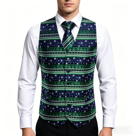 Men's Vest Suit Set with Waistcoat Pocket Square and Tie for Weddings and Christmas Parties – Red Green Snowflake Floral