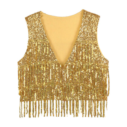 Women's Vest Glitter Tassel Sleeveless Waistcoat V Neck Open Front Shiny Sequins Vests for Jazz Dancing Music Festival Clubwear