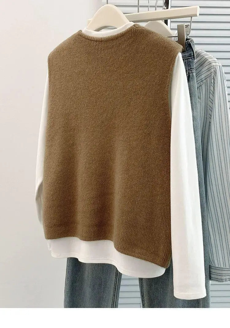 Women's Soft Knitted Vest  Women Casual Button Deep V-Neck Sleeveless Autumn  Pullover Simple Tank Tops Loose Knitwear  Tops