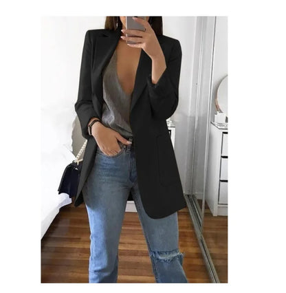 Women's Casual Blazer Notched Lapel Long Sleeve Open Jacket with Pockets Slim Fit Spring Autumn Office Lady Streetwear Coat