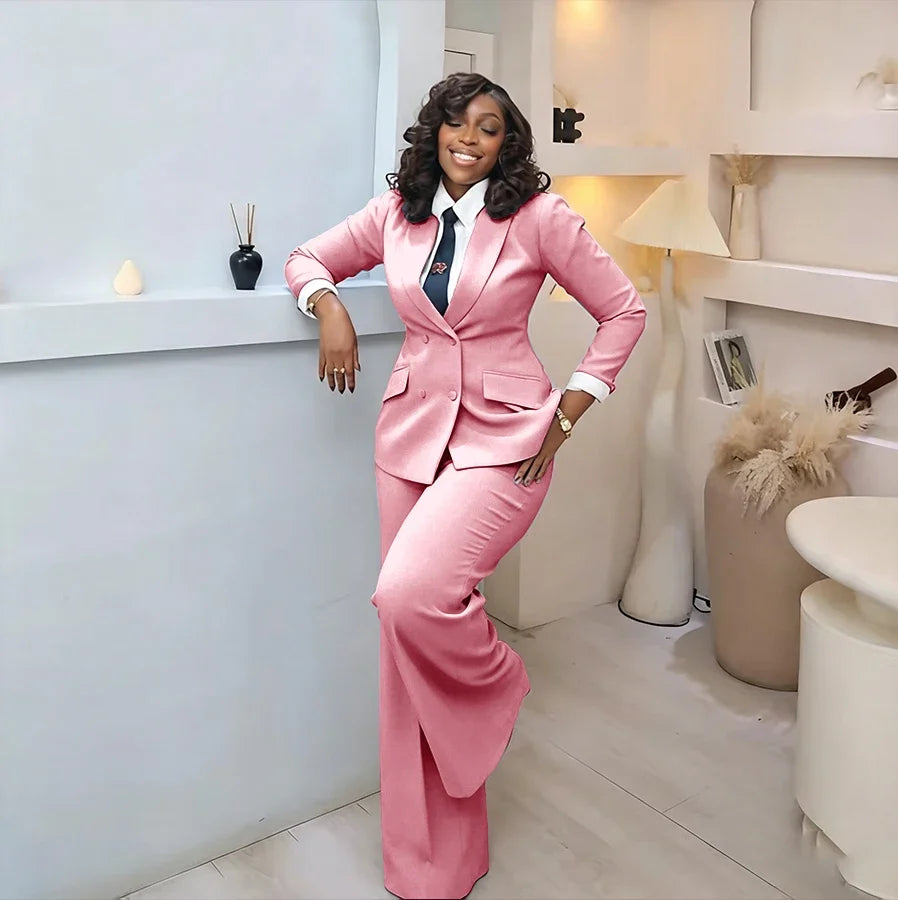 Classic Professional Burgundy Double Breasted Women's Suit Office Formal 2 Piece Jacket Pants Set Casual Daily Streetwear