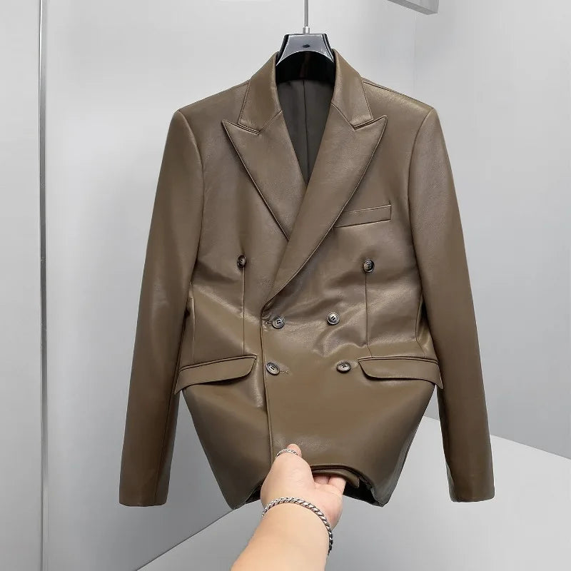 Brand Spring  Autumn Men's Double Breasted Leather Suit Jacket Casual Business Leather Blazers Wedding Groom Social Banquet Coat