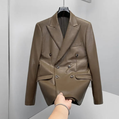 Brand Spring  Autumn Men's Double Breasted Leather Suit Jacket Casual Business Leather Blazers Wedding Groom Social Banquet Coat