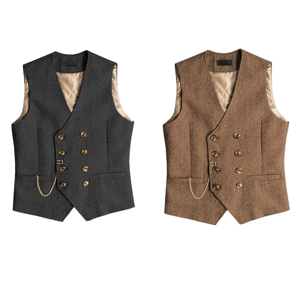 Men's Waistcoat Herringbone Double Breasted Vest for Wedding Banquet