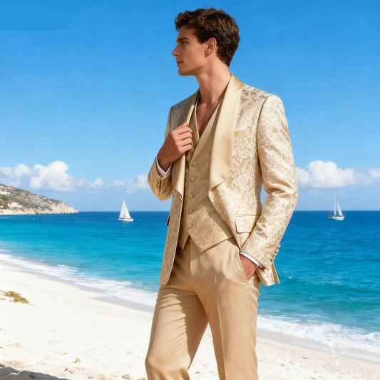 Champagne Jacquard 3-Piece Men's Formal Smoking Suit with Xale Lapel Blazer Set for Groom Wedding Best Man Elegant Fitted Tuxedo