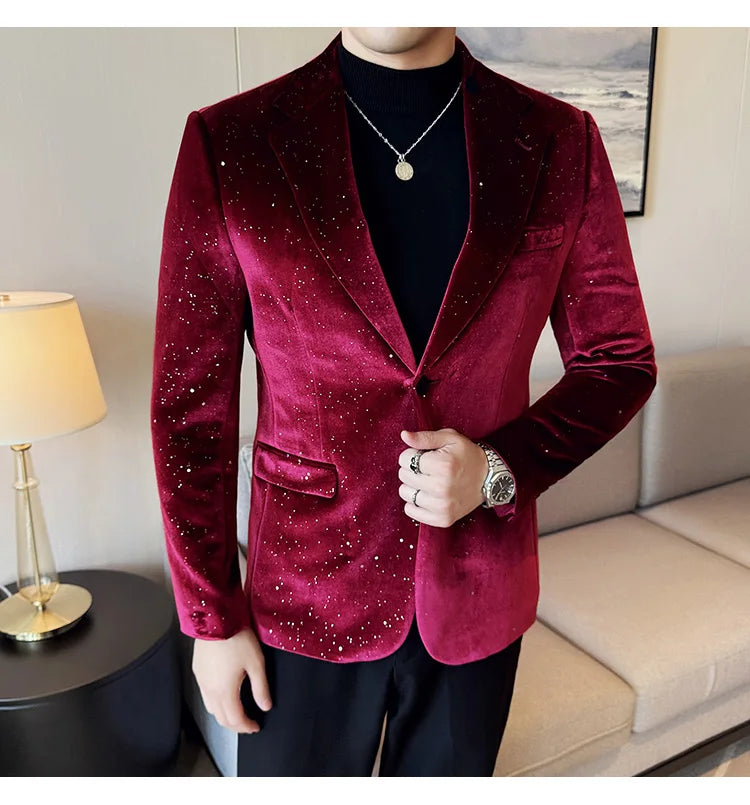 2025 Autumn New Velvet Jacket Men's Blazer Business Fashion Hot Stamping Printed Suit Jacket High-quality Luxury Dress Suit