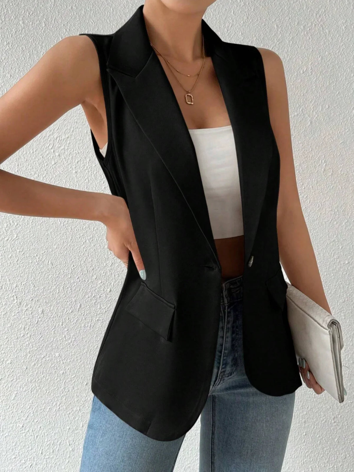 Women's Chic Sleeveless Blazer Vest - Casual Office Work Waistcoat Elegant Lapel Collar Sleeveless Blazer
