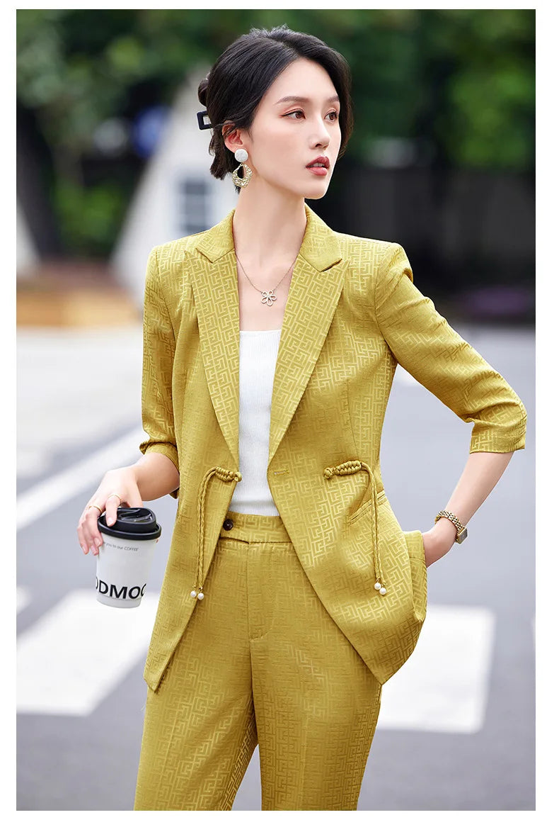 Chinese style Spring Summer Women Elegant Office Work Three Quarter Blazer Tops And Flare Pant Fashion Oversize Two Piece Suits