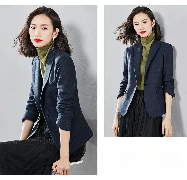 Commute Women's Blazers Autumn Winter Office Lady Solid Jackets Single Button Notched Lapel Woolen Coats Woman V7065