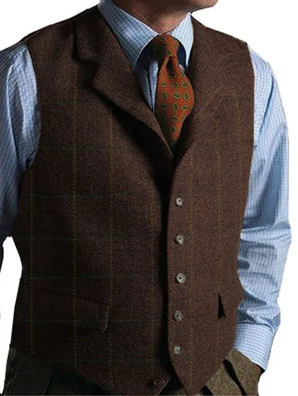 Men's Herringbone Tweed Suit Vest – Lapel Single Breasted Waistcoat for Wedding & Formal Occasions