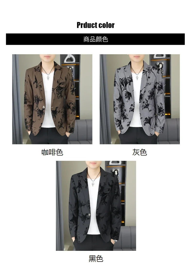 Blazer Men's Fashion Gentleman Business Outdoor Travel Print Wedding Slim-fit Korean Trend Handsome Youth Casual Blazer