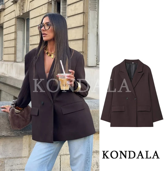 Elegant Commute Double-breasted Blazer Women Vintage Brown Buttons Blazer 2026 Spring Summer Trendy Office Lady Blazer