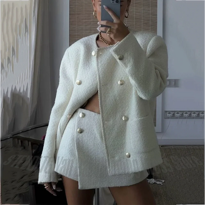 Women's White Tweed 2 Piece Skirt Set Double Breasted O Neck Jacket Pants Elegant Luxury Outfit for Party Prom Streetwear