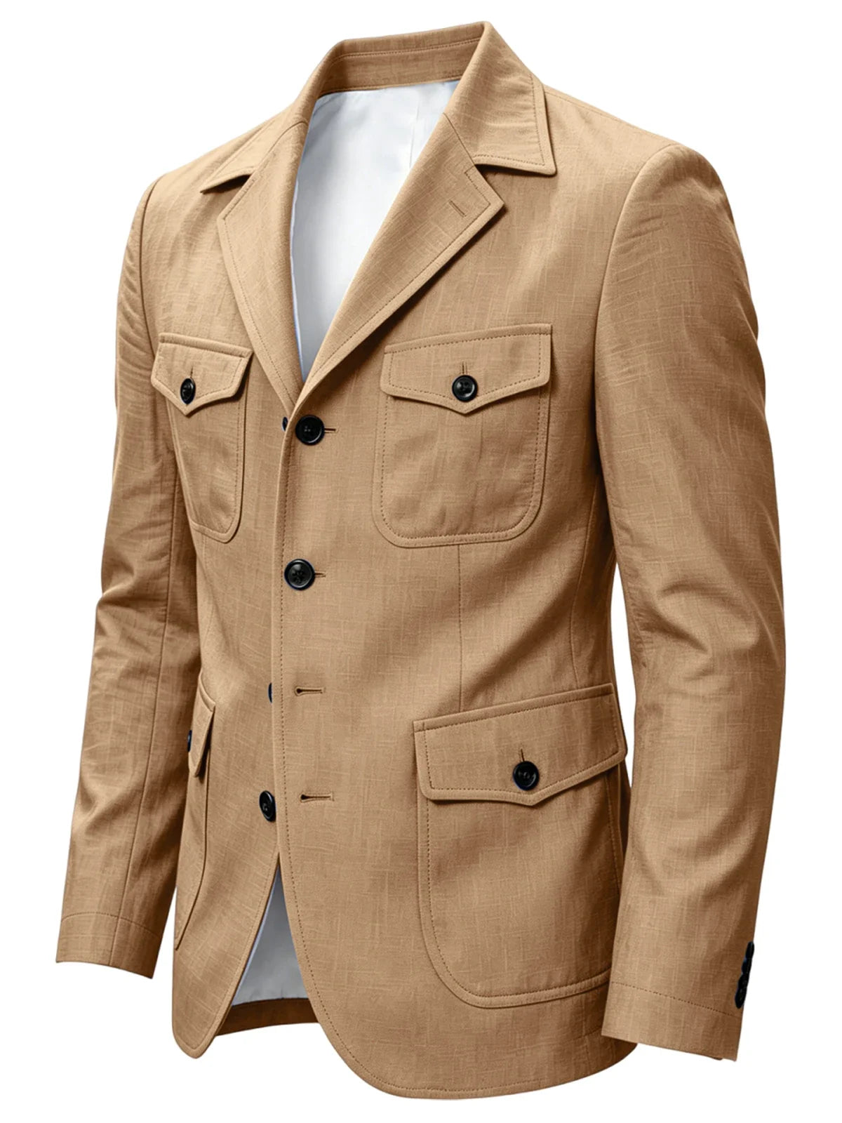 Men's Linen Safari Blazer Four Flap Pockets Slim Soft Jacket Casual Business Coat For Street Outdoor Vacation Party Daily Travel