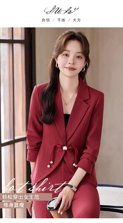 Elegant National Style Buckle Pants Suit  2024 Autumn New Professional Temperament Slim Blazer And Pants Office Ladies Work Wear