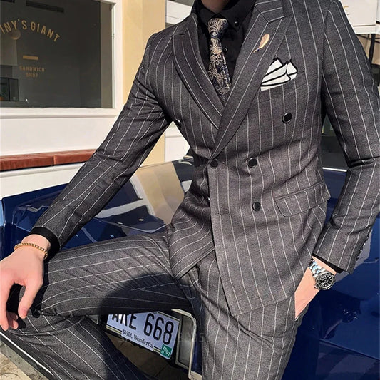 Men's 2-Piece Double Breasted Striped Slim Fit Suit – Business Blazer & Trousers in Black, Gray & Navy Blue