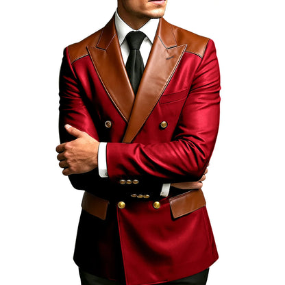 Luxury Men's Colorblock Leather Blazer Double Breasted Notched Lapel Business Casual Suit Jacket Fashion Formal Wear for Wedding