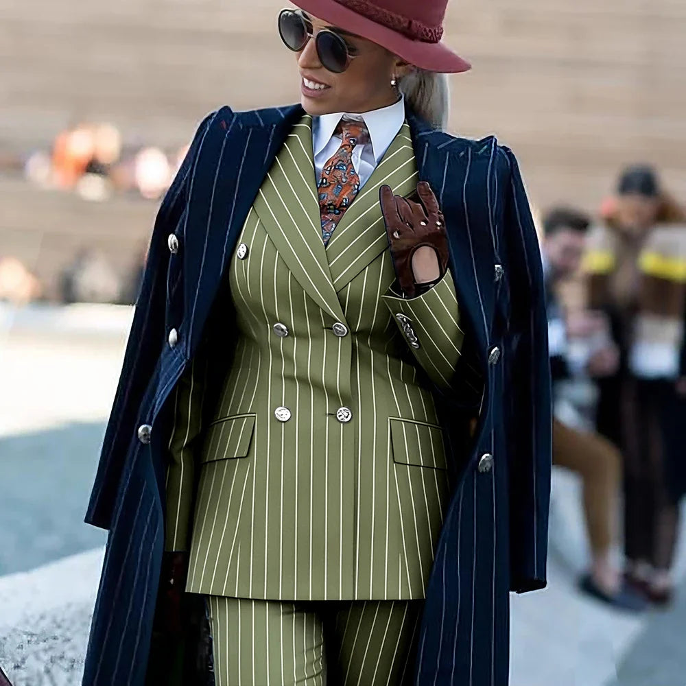 Formal Women's Burgundy Pinstripe Suit with Navy Blue Striped Coat Double Breasted 3Piece Set Elegant Evening Party Outerwears