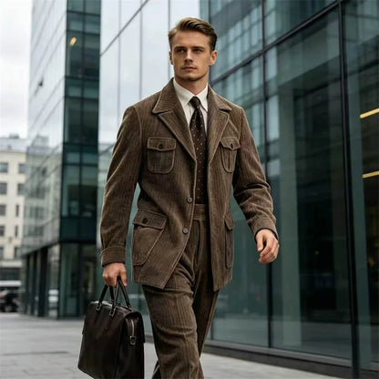 Men's Retro Corduroy 2 Pieces Suit Multi Flap Pockets Safari Blazer Matching Trousers For Formal Daily Party Wedding Business