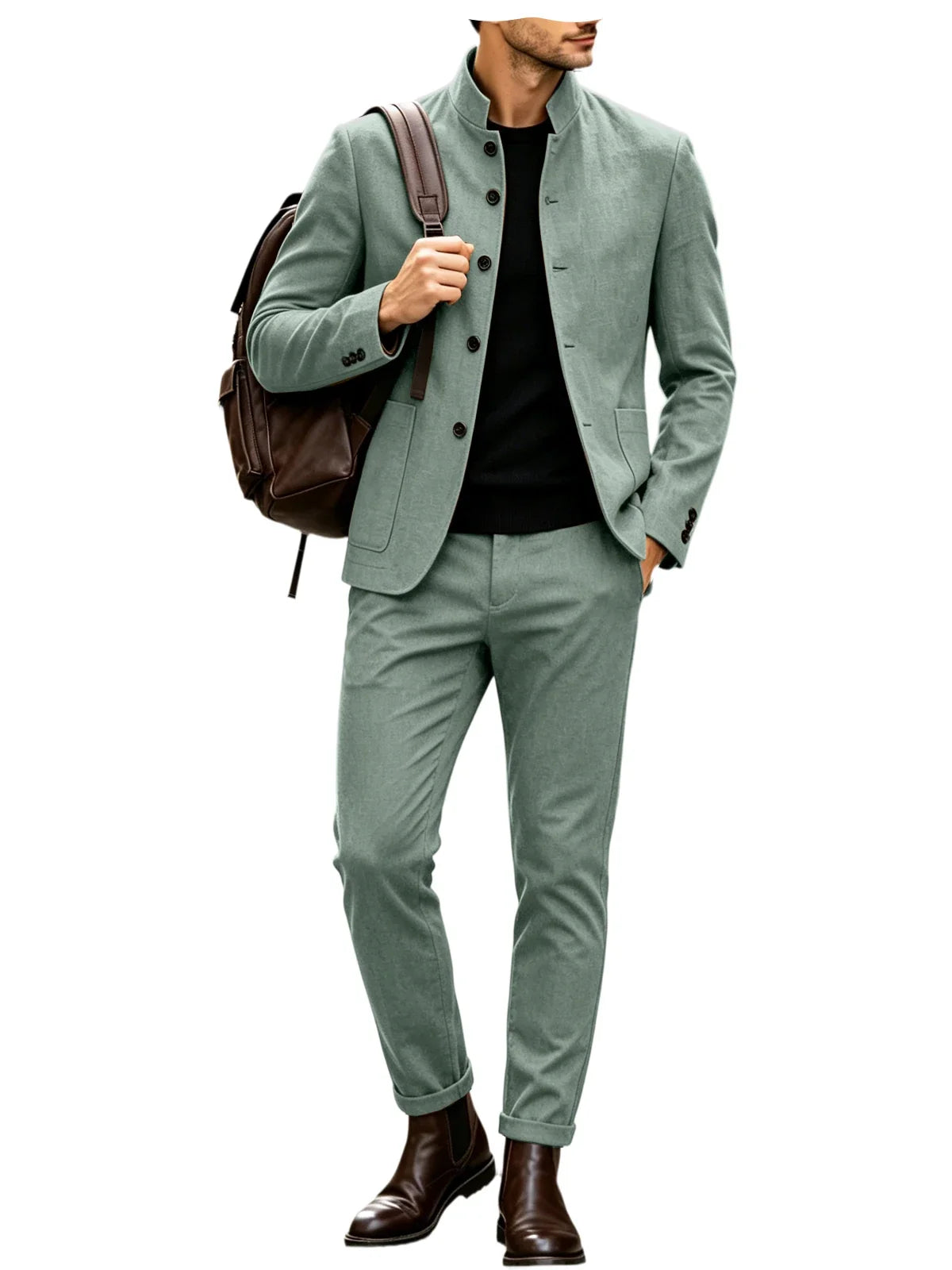Men Stand Collar Linen Blazer Set Slim Fit 2 Pieces Jacket Pants Breathable Wrinkle‑Resistant Vintage Casual Business Outerwear