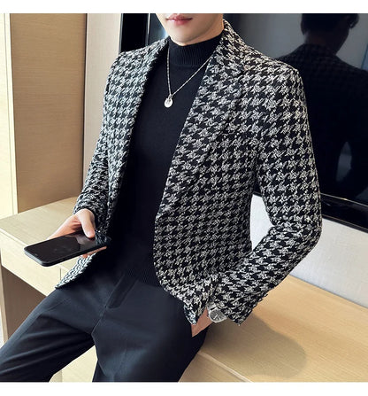 2023 Autumn Winter Plaid Men Blazers Thickened Casual Business Suits Jackets Single Buckle Wedding Groom Streetwear Social Coat