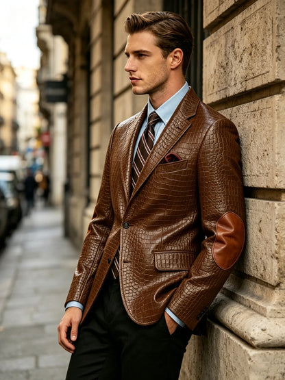 Men's Faux Leather Blazer  Crocodile Pattern Printed Sports Coat Jacket with Elbow Patch  For Party Prom Banquet Wedding Office