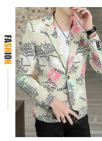 2022 New Fashion Print Suit Jacket Men's Slim Fit Casual Blazers Streetwear Social Club Prom Formal Party Suit Coats Hommes