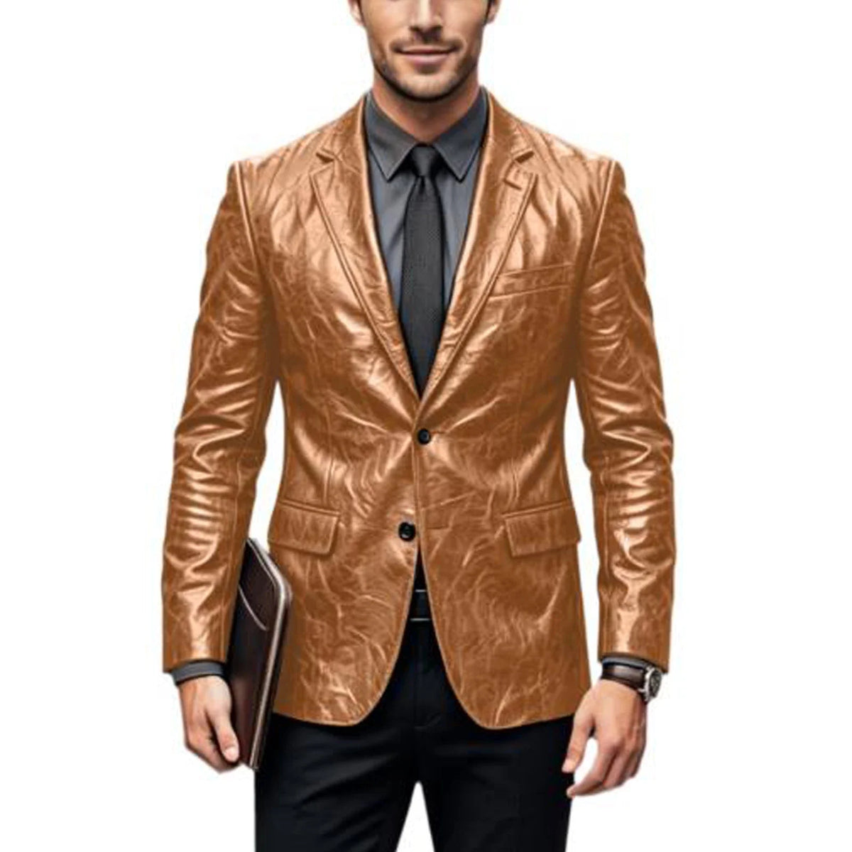 Vintage Wrinkled Men's PU Leather Blazer Slim Fit Notched Lapel Business Suit Jacket Two Button Casual Sport Coats for Office