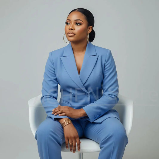 Blue Women Suit Double Breasted Blazer And Pants Two Piece Elegant Formal Office Business Wear Slim Fit Lady Work Outfit