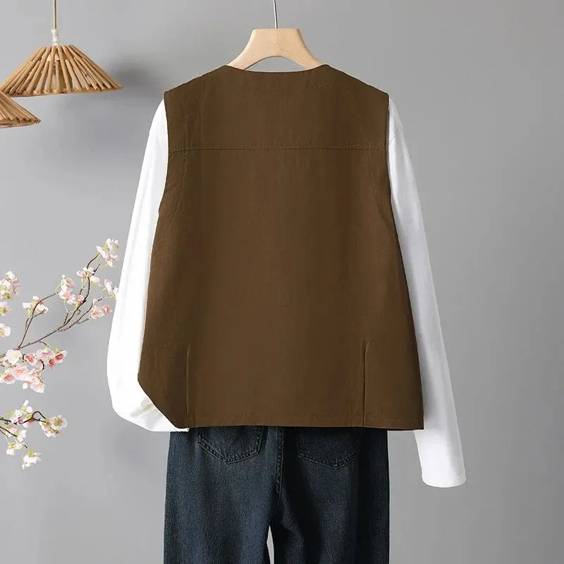 Spring Femme Fashion Vest Outwear Retro Ladies Solid Color Casual Sleeveless Jacket Autumn Women Round Neck Loose Waistcoat Coat