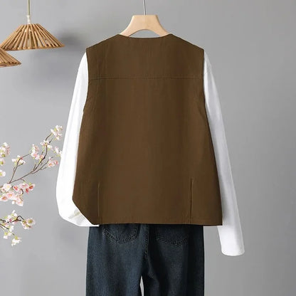 Spring Femme Fashion Vest Outwear Retro Ladies Solid Color Casual Sleeveless Jacket Autumn Women Round Neck Loose Waistcoat Coat